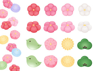 和菓子のイラスト素材セット_ねりきり_梅_桜_鶯