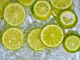 Close-up fresh slices of green limes on white background. Slices of limes in sparkling water on white background, closeup. Citrus soda. Copy space