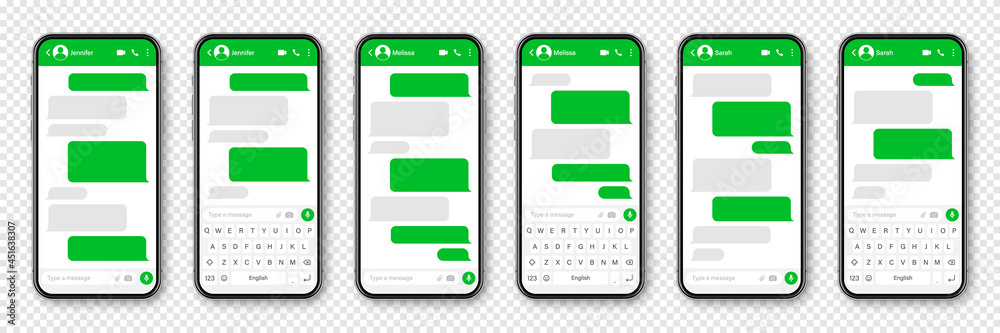 Wall mural realistic smartphone with messaging app. blank sms text frame. conversation chat screen with green m