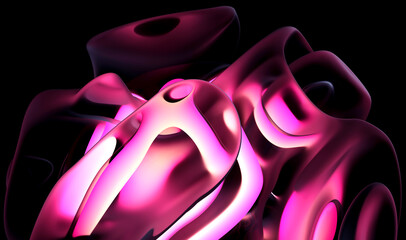3d render of abstract art of surreal 3d background in curve wavy round and spherical lines forms in transparent plastic material with glowing purple and pink color core on black background