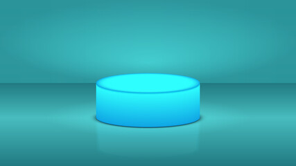 Simple vector illustration of 3d podium illuminated with blue light for product presentation. The background color is dark cyan with podium reflections and light.