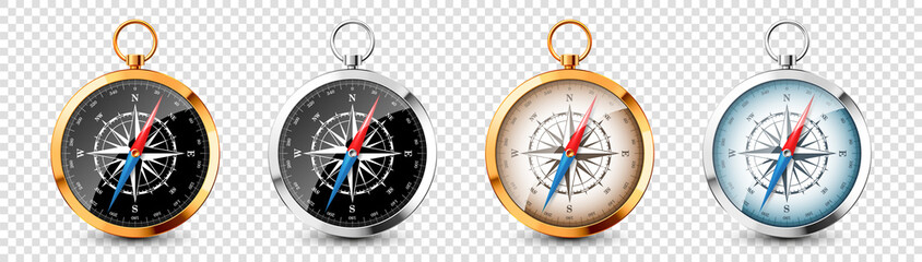 Realistic silver, golden vintage compass with marine wind rose and cardinal directions of North, East, South, West. Shiny metal navigational compass. Cartography and navigation. Vector illustration.