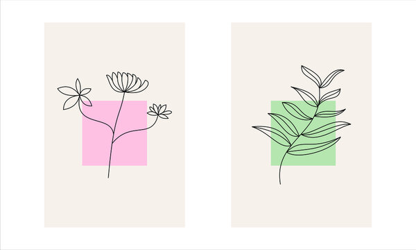 Vector set of boho wall art. Trendy pictures with plants and abstract organic shapes. Botanical illustration