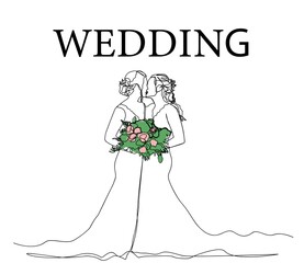 Two women in wedding dresses are getting married, holding a bouquet of flowers. One line art. The inscription wedding. Pink flowers with green leaves in a bouquet.
