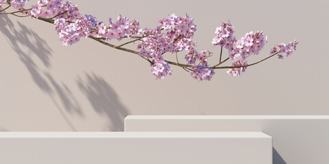 Minimal abstract background.podium and cherry blossom with light nature white background for product presentation.3d rendering illustration.