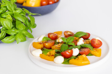 Colourful Caprese salad served on a large plate, white table