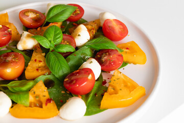 Caprese Salad with tomatoes, basil, mozzarella on white background. Italian traditional caprese salad ingredients. Mediterranean, organic and natural food concept.