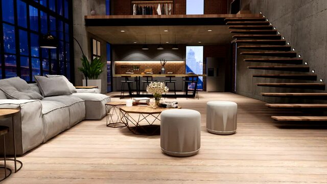 3d rendering. Interior house modern open living space with kitchen.Loft style Duplex apartment residence.Home decoration luxury  interior design.