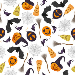A bright, seamless pattern featuring Halloween symbols such as.bat, pumpkin, broom, spider web, witch shoes and balloons.The Halloween symbol for the print. Vector illustration