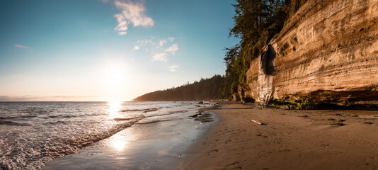 Panoramic View of Mystic Beach on the West Coast of Pacific Ocean. Summer Sunny Sunset. Canadian...