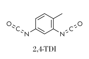 Toluene diisocyanate (TDI, 2,4-TDI) polyurethane building block molecule. May be a carcinogen. Skeletal formula.