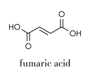 Fumaric acid molecule. Found in bolete mushrooms, lichen and iceland moss and used as food additive. Skeletal formula.