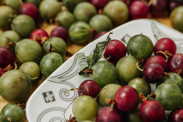 Green and red gooseberries. Gooseberries on a wooden surface and on a white plate. A plate with gooseberries. Dry mint leaf