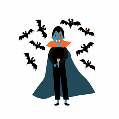 Fototapeta na wymiar Halloween. A cute vampire with flying bats. Vector illustration