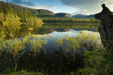 Mountain lake at sunrise with a mirror image of the mountains