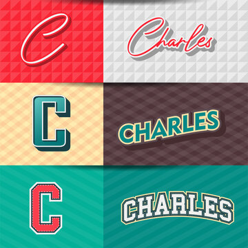 ,Male name,CHARLES in various Retro graphic design elements, set of vector Retro Typography graphic design illustration