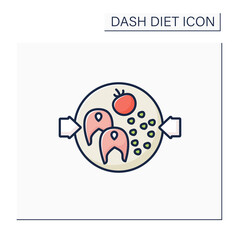 Obraz premium Healthy food color icon. Curried cod. Salmon with tomato on plate. Balanced nutrition . Small portion. Dash diet concept. Isolated vector illustration