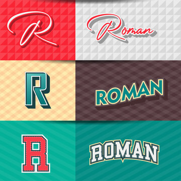 ,Male name,ROMAN in various Retro graphic design elements, set of vector Retro Typography graphic design illustration