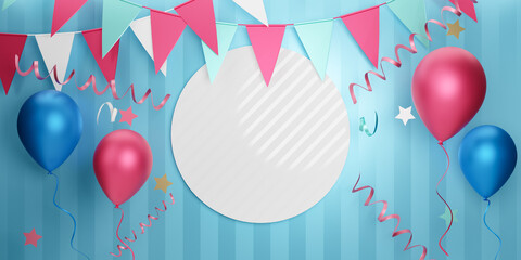 Light party element banner background. 3D pink blue balloon gift box star and hanging flag on white blue stripe background. 3D Illustration Rendering