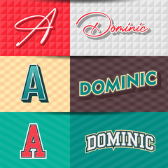 ,Male name,DOMINIC in various Retro graphic design elements, set of vector Retro Typography graphic design illustration