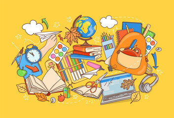 Back to School horizontal banner with stationery for drawing and other school subjects. Education Concept. A cover for a notebook or an advertising banner. Colorful vector illustration. Doodle style.