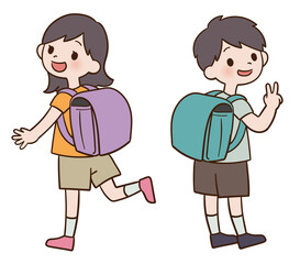 カラフルなランドセルを背負った小学生