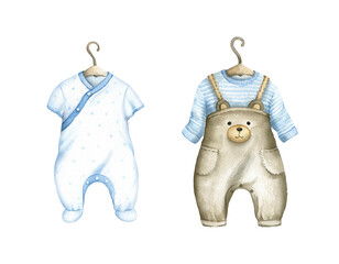 Clothes for little baby boy.Watercolor illustration isolated on white background.