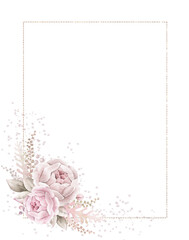Watercolor hand painted square gold frame with pale roses,leaves and branches in vintage style. Wreath for wedding invitations, save the date or greeting cards..