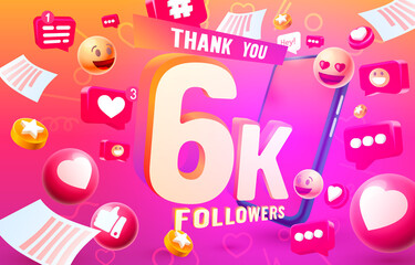 Fototapeta premium Thank you followers peoples, 6k online social group, happy banner celebrate, Vector