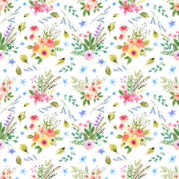 Watercolor seamless patterns with flowers, festive bouquets and individual elements of bouquets