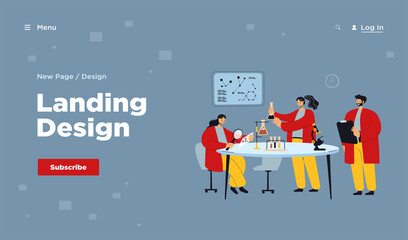 Happy scientist making research in laboratory isolated flat vector illustration. Cartoon medical students in white coats conducting chemical test. Chemistry and science concept