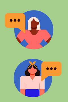 Two women chatting, exchanging their views and insights. Social network concept, two stylish woman, girls talking with each other. Character design
