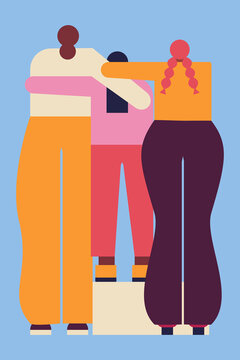 Two women, mother and two daughters. Colorful vector illustration on blue background