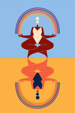 Concept on unity, sisterhood and understanding. Two woman meditating, sending positive vibrations, being in the moment. Calm and at peace, colorful vector illustration
