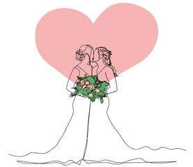 Two women in wedding dresses are getting married, holding a bouquet of flowers. One line art. The inscription wedding. Pink flowers with green leaves in a bouquet.