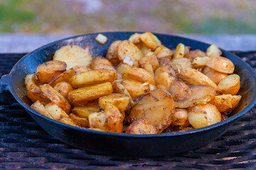 Cooking fried potatoes in a frying pan over a campfire in the Swedish wilderness