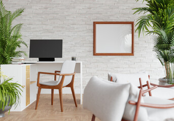 3D mockup photo frame on wall workplace at home