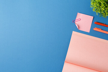 Open notepad with pen, note sheet and plant.