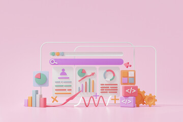 Fototapeta na wymiar SEO or Search Engine Optimization online marketing concept. growth chart report. web analytics click search information computer on pink pastel background, banner, illustration, 3d render