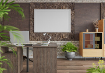 3D mockup photo frame on wall workplace at home