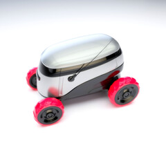 Automated Delivery Robot Service . Modern Smart Wireless Robot Delivers Goods or Food to a Customer. New Technological Iot Business Industry of Delivery Logistic of Online Shop. 3d illustration