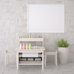 3D mockup photo frame on wall in children zone