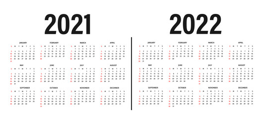 Calendar 2021 and 2022 template. Calendar layout in black and white colors. Week starts on sunday. Modern 2021 and 2022 calendar template on white background