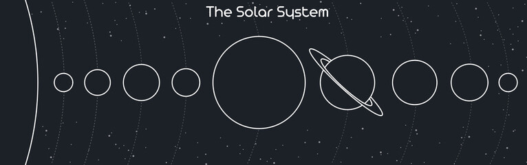 Illustration of the planets of the Solar system and their orbits around the sun. Abstract outline vector planets and stars isolated on dark gray background