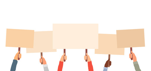 Protest, picket and peaceful demonstration. People hold in hands posters and banners. Raised up hands holding blank banner and placard. Protest and strike background