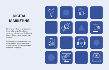 Vector banner infographics digital marketing icons. Web page landing page template business stock illustration. Social Media technology line icon sale merchandise