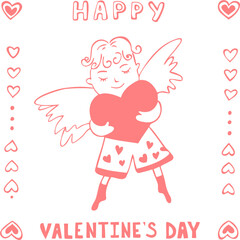 Vector print Valentine's Day. Lettering. Pink decorative font. Transparent background. Cupid holds a heart in his hands. Romantic design square template  eps pattern for card, poster