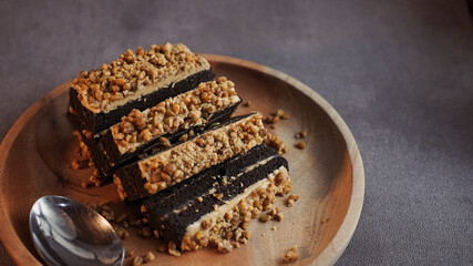 Sliced of chocolate and peanut cake