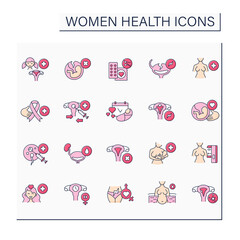 Women health color icons set. Gynecology. Reproductive system diseases. Birth planning. Healthcare concept. Isolated vector illustrations