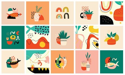 Set of Hand drawn various colorful shapes and doodle objects backgrounds. Abstract modern trendy vector illustration.